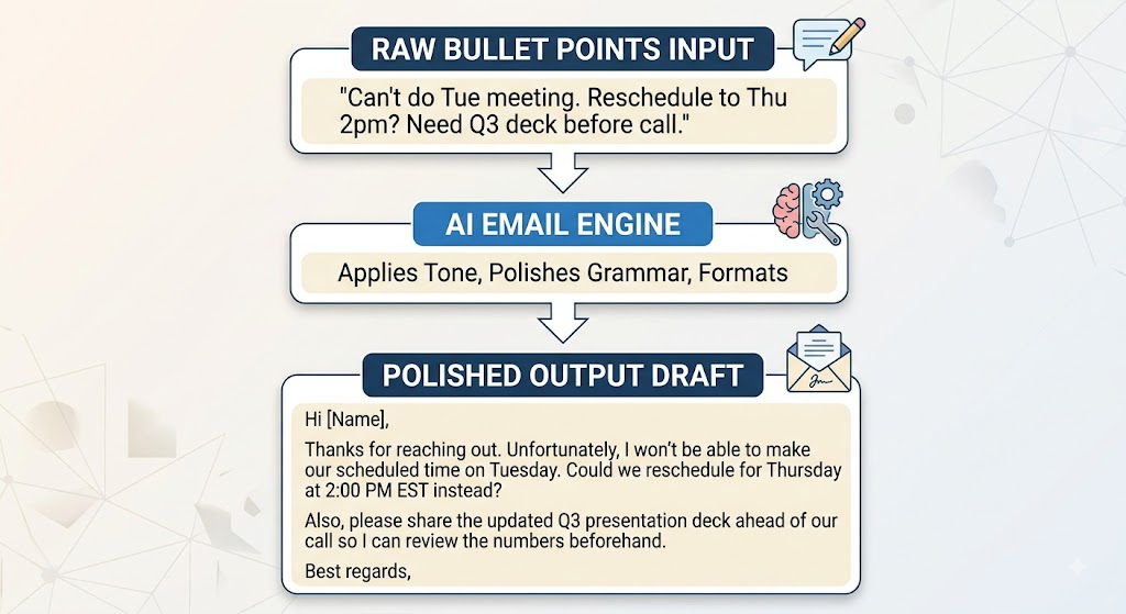 Three-step infographic showing an AI engine transforming raw bullet points into a polished, formal email draft.