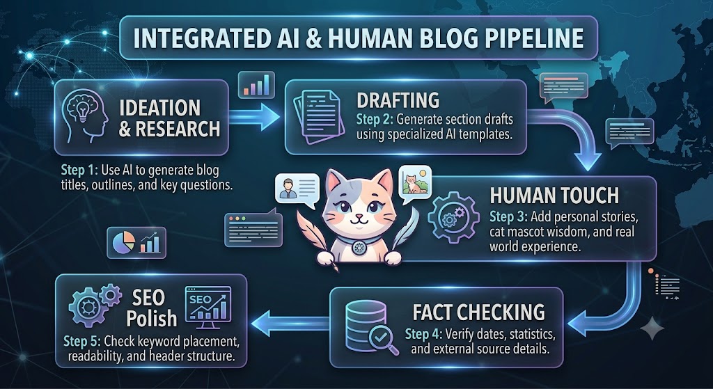 A step-by-step flowchart illustration showing the integrated AI and human blog content creation pipeline, from ideation to SEO optimization.