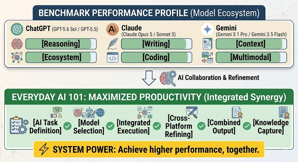 A comparative infographic detailing ChatGPT vs. Claude vs. Gemini based on benchmark profiles for reasoning, ecosystem, writing, coding, context, and multimodal performance, leading to integrated everyday AI productivity workflows.