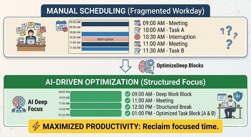 A comparison infographic for Everyday AI 101, showing how manual scheduling results in a fragmented workday, while AI-driven optimization creates a structured focus with deep work blocks.
