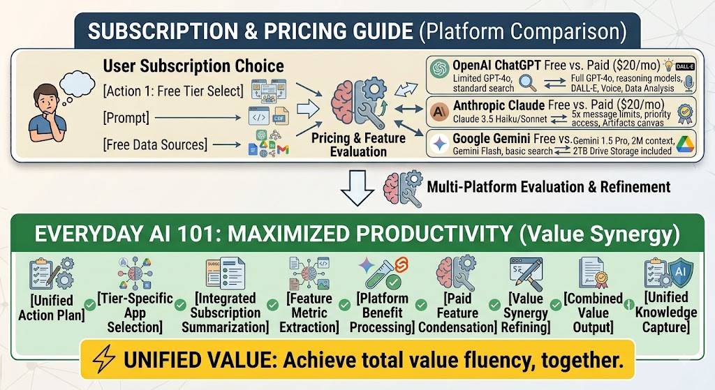 A two-part infographic comparing Free and $20/month Paid tiers across OpenAI ChatGPT, Anthropic Claude, and Google Gemini, demonstrating how Everyday AI 101 optimizes subscription value for maximum productivity.