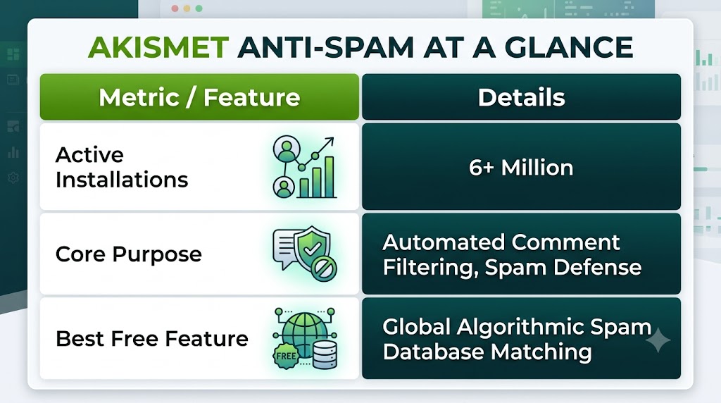 Essential free WordPress plugins -'Akismet Anti-Spam at a Glance' displaying key metrics, core purpose, and top free features.