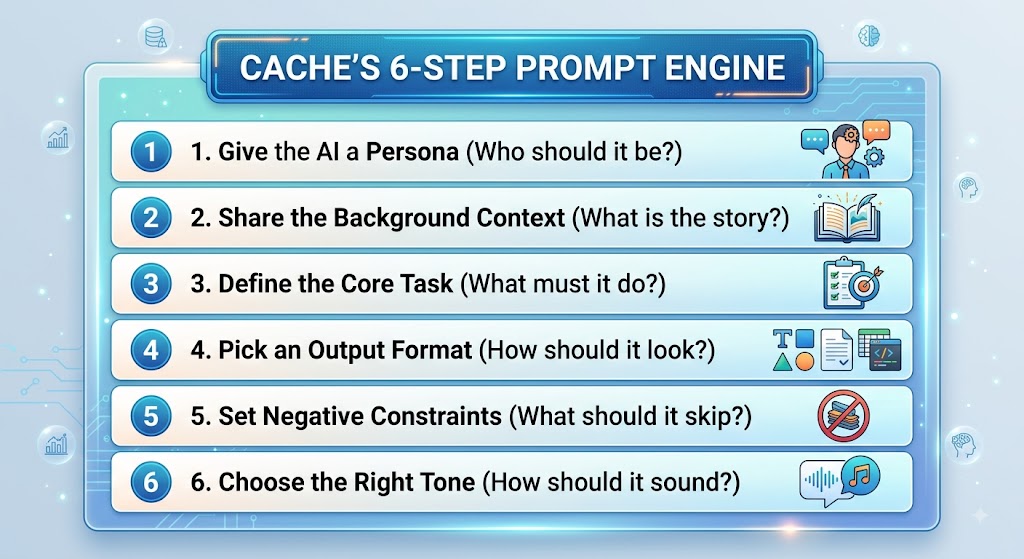 Infographic showing Cache's 6-Step Prompt Engine, a flowchart guide for prompt engineering 101.
