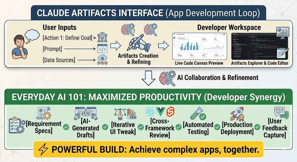 A two-part infographic illustrating "Claude Artifacts Interface (App Development Loop)" and "Everyday AI 101: Maximized Productivity (Developer Synergy)." The top section shows a workflow from User Inputs to Artifacts Creation, resulting in a Developer Workspace with a live code preview and editor. The bottom section details a seven-step sequence from Requirement Specs to User Feedback Capture, highlighting the benefits of AI-driven app development.