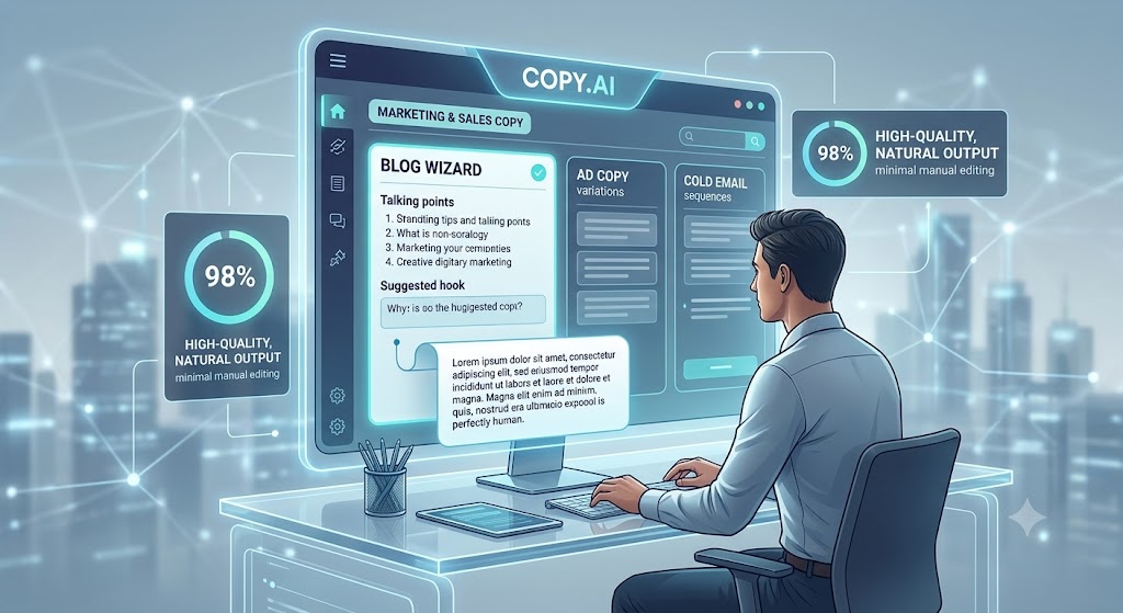 A professional illustration showing a digital marketer using the 'Copy.ai' holographic interface, configured for marketing and sales copy, which generates highly refined, natural text requiring minimum editing.
