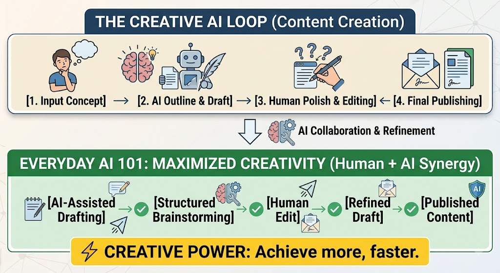A comparative infographic illustrating 'The Creative AI Loop' and 'Everyday AI 101'. The top section details a circular content creation workflow. Below, a green panel shows a linear, optimized workflow highlighting Human + AI synergy for maximized creativity, supported by specific collaborative steps.