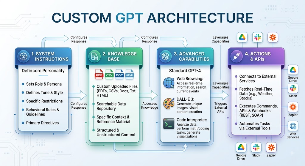 Build your first Custom GPT - Architecture diagram illustrating the four main layers of a Custom GPT: System Instructions, Knowledge Base, Advanced Capabilities, and Actions & APIs.