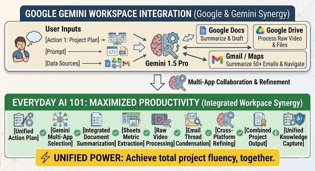 A two-part infographic illustrating "Google Gemini Workspace Integration" and "Everyday AI 101." The top section shows user inputs flowing into a central Gemini 1.5 Pro AI, which interacts with Google Docs, Google Drive, and Gmail/Maps for multi-app collaboration. The bottom section details a nine-step "Integrated Workspace Synergy" workflow for maximized productivity, leading to a unified project output and knowledge capture.