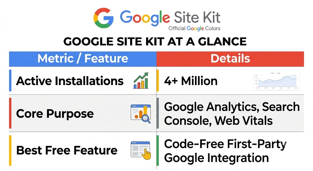 Essential free WordPress plugins - 'Google Site Kit at a Glance' displaying key metrics, core purpose, and top free features.