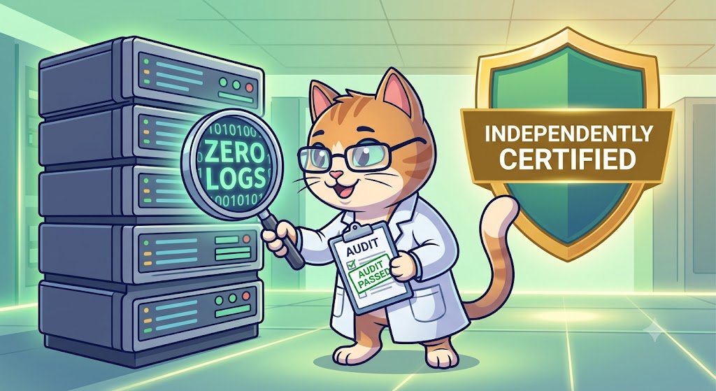 an auditor, wearing a magnifying glass and reviewing a checklist that confirms zero logging on a server rack.