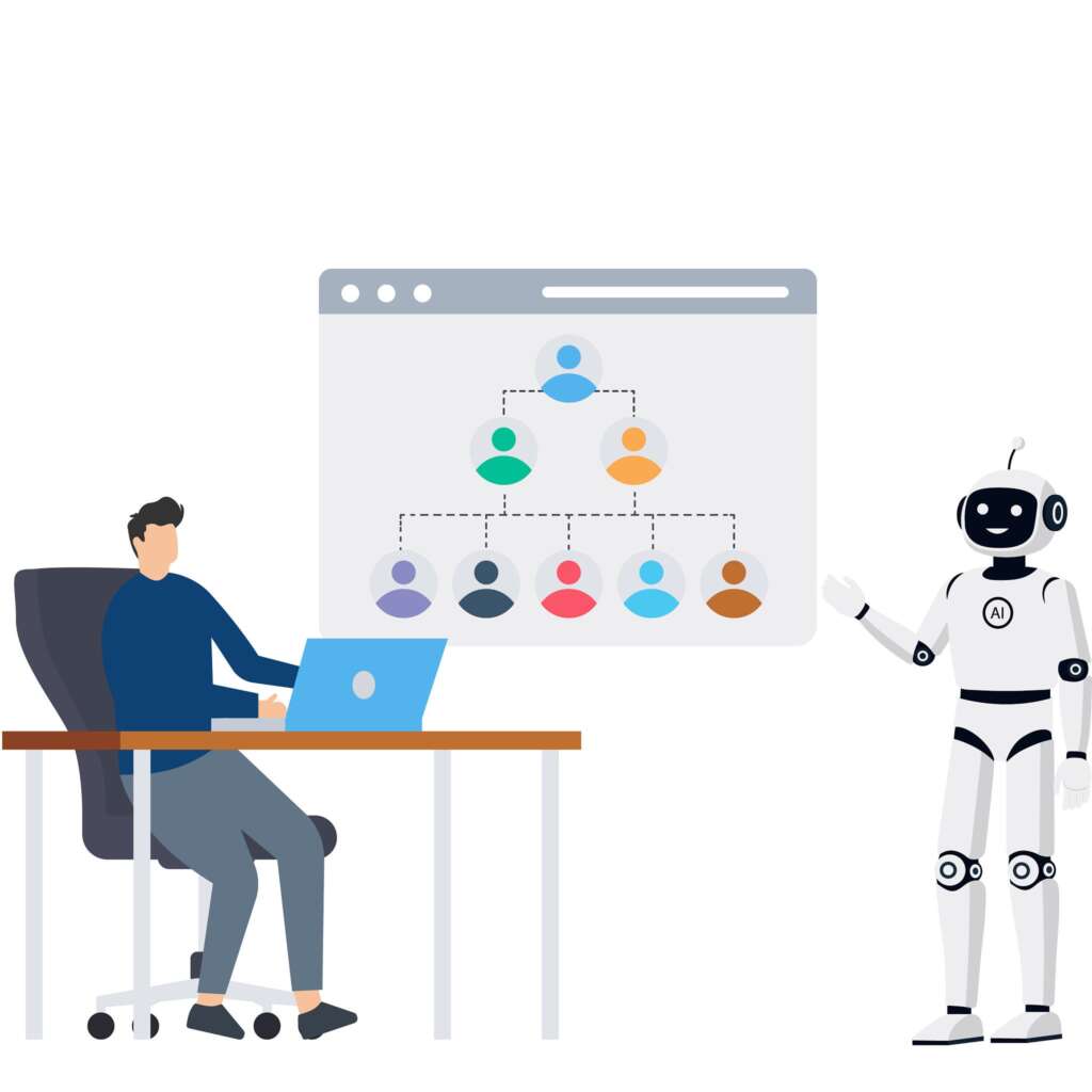 Optimistic visualization of Cache mascot working collaboratively alongside two human developers around a main display.