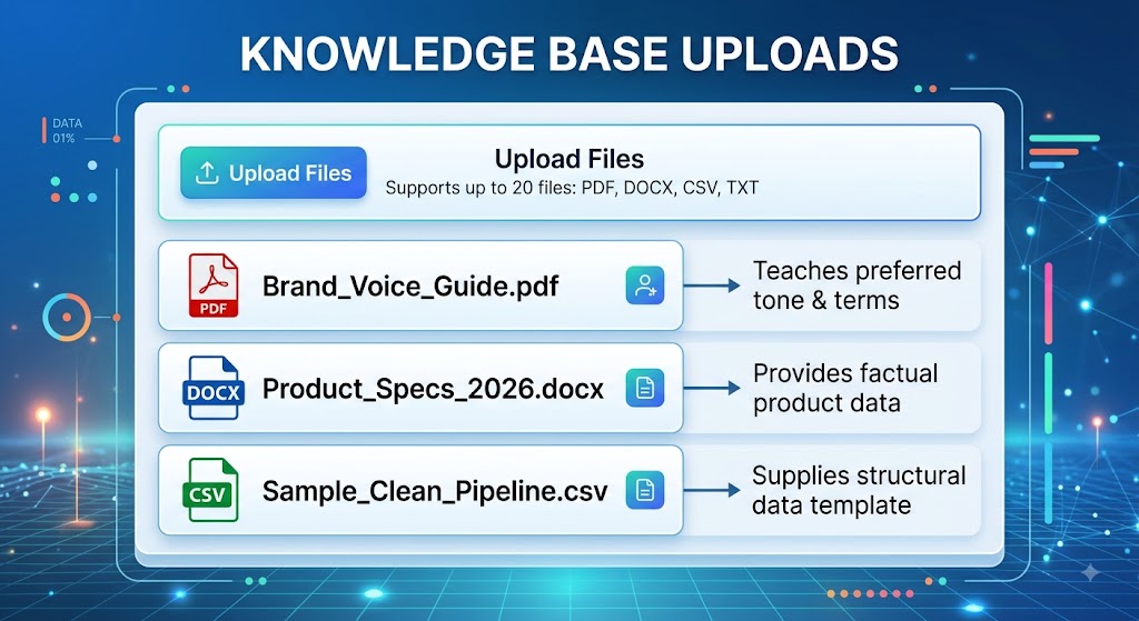 Infographic diagram illustrating Knowledge Base Uploads showing supported file types and example files with their purposes.