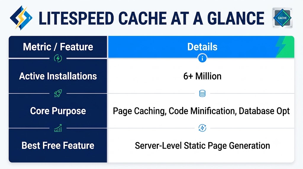 Infographic summary table titled 'LiteSpeed Cache at a Glance' displaying key metrics, core purpose, and top free features.