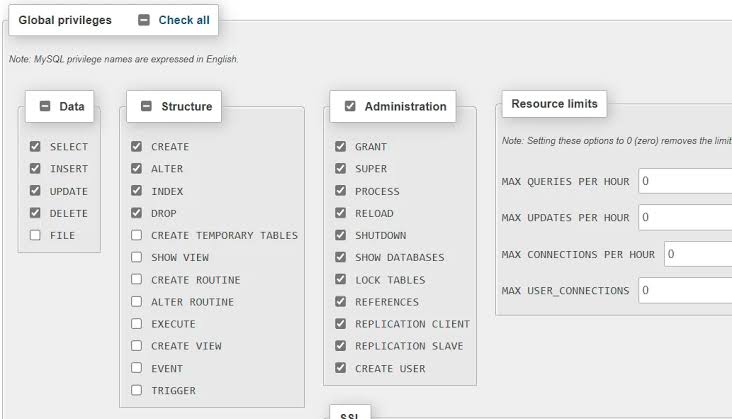 Managing database user privilege rights. 