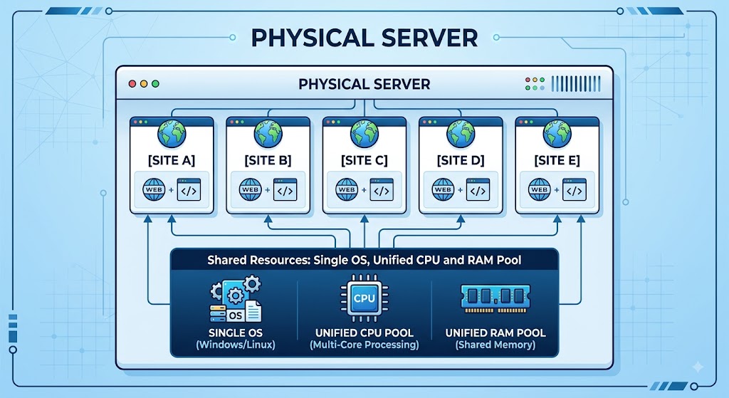Architecture diagram of a Physical Server hosting multiple sites (Site A through E) with a single OS, unified CPU, and RAM pool.