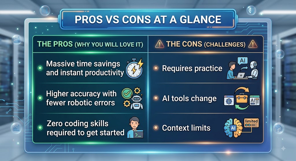 Infographic detailing prompt engineering 101 pros and cons at a glance.