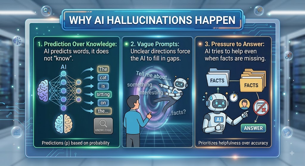 An infographic explaining prompt engineering 101 concepts regarding why AI hallucinations happen, including prediction models, vague prompts, and pressure to answer.