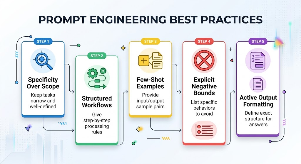 A visual flowchart diagram titled 'Prompt Engineering Best Practices' outlining 5 core principles: 1. Specificity Over Scope (Keep tasks narrow and well-defined), 2. Structured Workflows (Give step-by-step processing rules), 3. Few-Shot Examples (Provide input/output sample pairs), 4. Explicit Negative Bounds (List specific behaviors to avoid), and 5. Active Output Formatting (Define exact structure for answers).