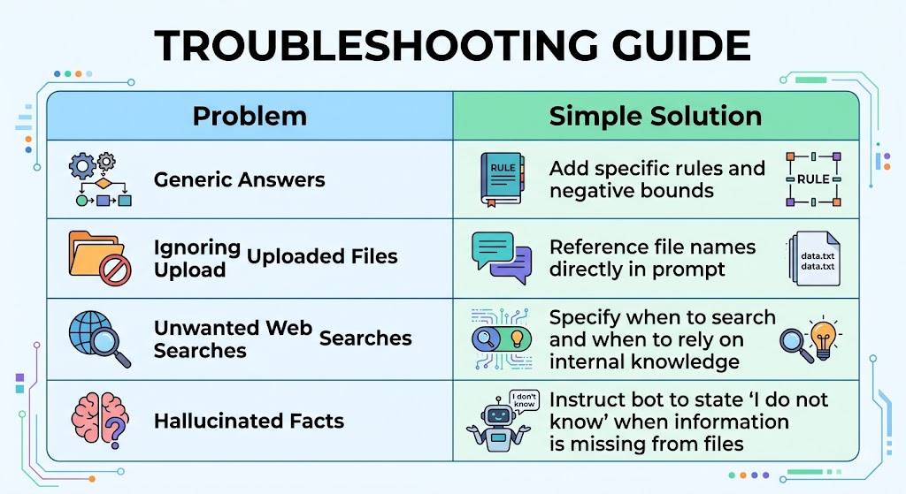 Infographic table illustrating a Troubleshooting Guide pairing common AI prompt problems with simple solutions."