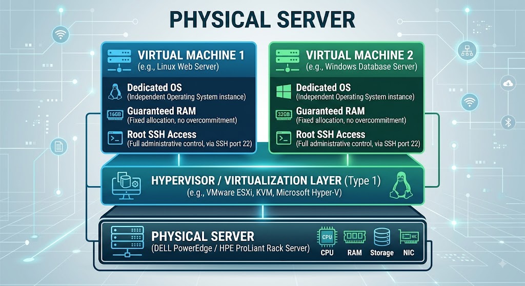 Architecture diagram of a physical server with a hypervisor layer running two isolated virtual machines with dedicated OS and guaranteed RAM.