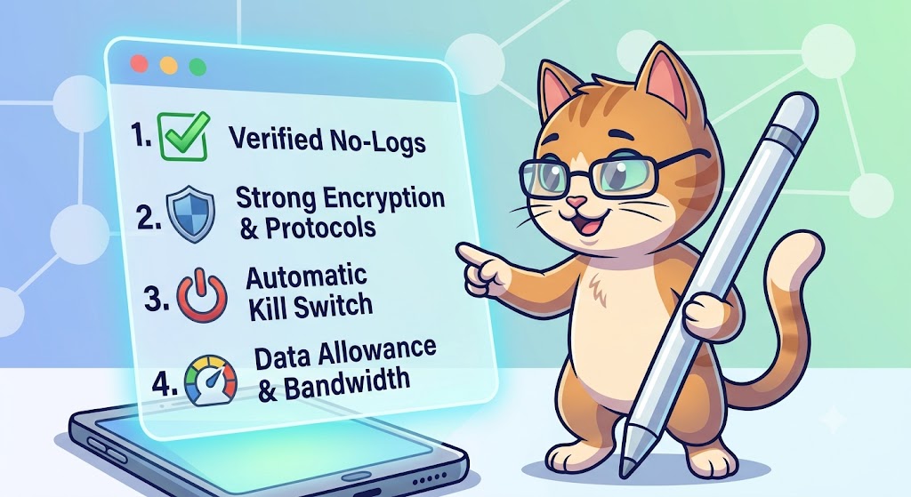 cat holding a giant stylus, pointing at a glowing checklist that prioritizes No-Logs, Encryption, Kill Switch, and Data Limits.