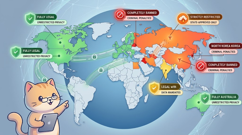 A comprehensive global infographic map illustrating VPN legal status in four tiers: fully legal (green), legal with data mandates (yellow), strictly restricted (orange), and completely banned (red). A cute cartoon cat guide with glasses holds a tablet, pointing to the color-coded regions and clear informational banners.