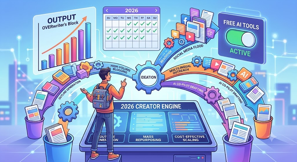 An energetic illustration showing a digital creator using a "2026 Creator Engine" console where "Free AI Tools" are activated, instantly multiplying content output across blogs, social media, and translation channels, conquering writer’s block.