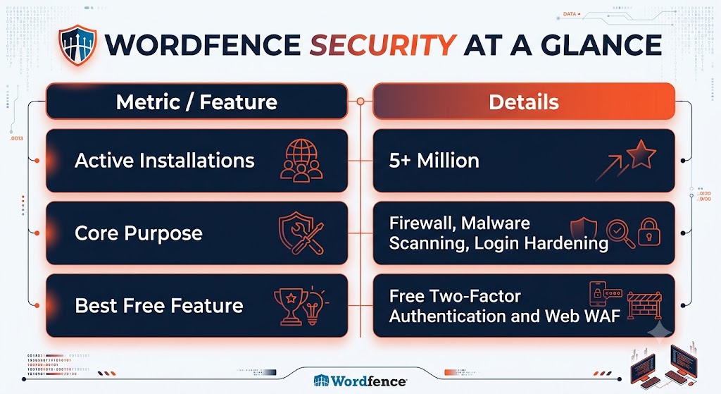 Infographic summary table titled 'Wordfence Security at a Glance' displaying key metrics, core purpose, and top free features.