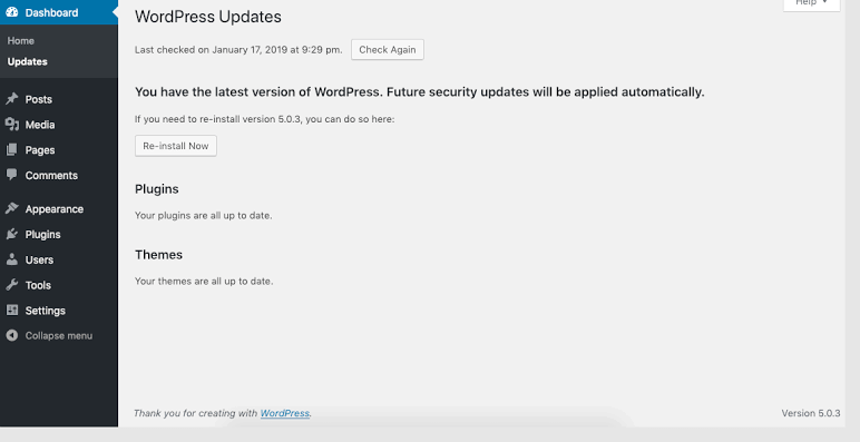 WordPress updates control center. 