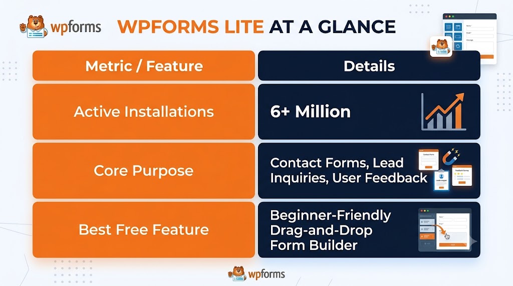 Essential free WordPress plugins - 'WPForms Lite at a Glance' displaying key metrics, core purpose, and top free features.